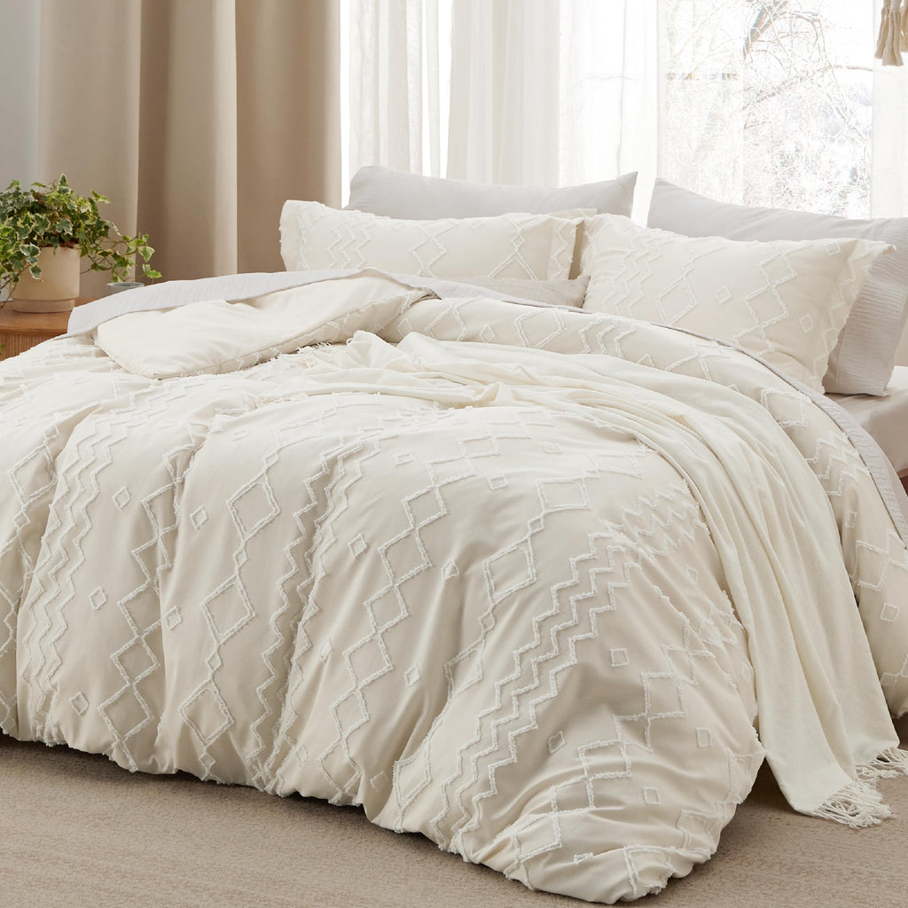 Boho Tufted Comforter Set Queen - Beige Cationic Dyeing Bed Set, 3 Pieces Farmhouse Shabby Chic Embroidery Bedding