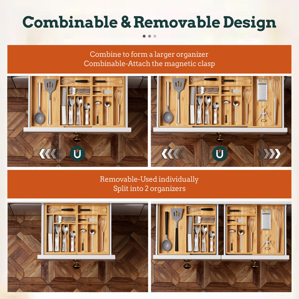 Silverware Organizer Large, Magnetic Connected Expandable 13 Slots Silverware Drawer Organizer From 21 to 37.4