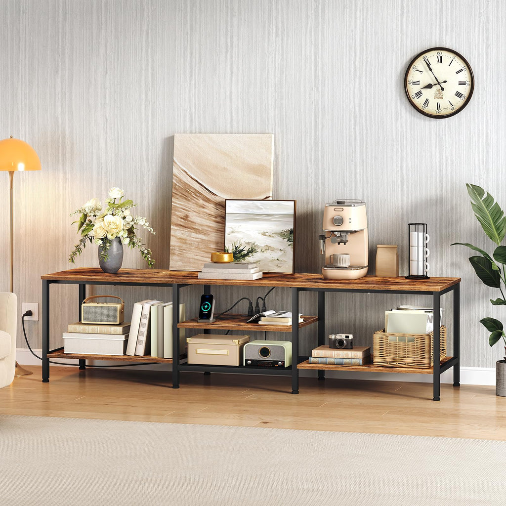 TV Stand with Power Outlets to 85 Inches, TV Console Table with Open Storage Shelves, Industrial Media Entertainment