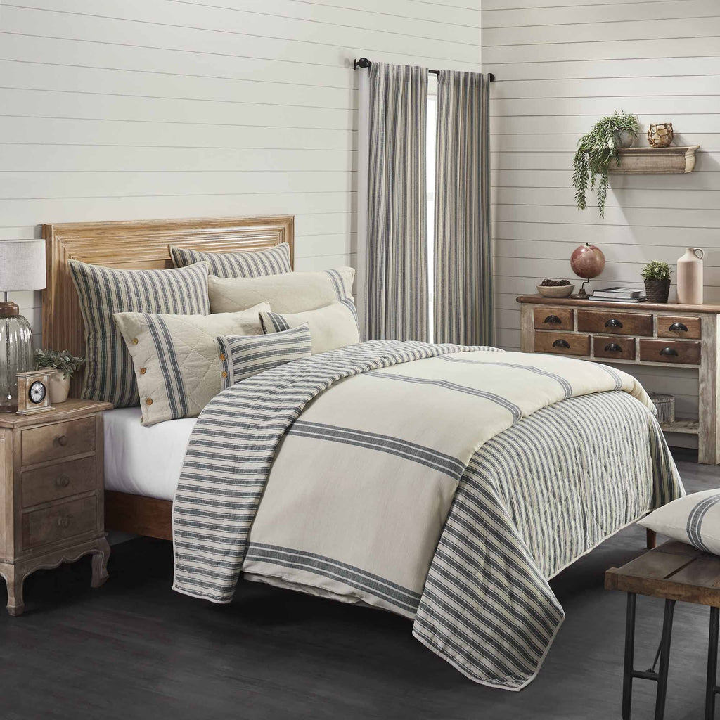 Market Place Gray Quilted King Pillow Sham, 21" L x 37" W, Cream w/Grain Sack Stripe & Button Details ...