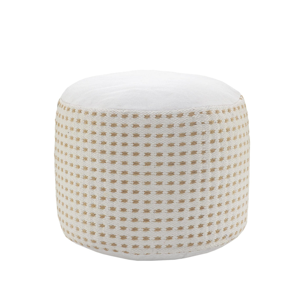 LR Home Ox Bay Handcrafted Dashing Geometric Natural Jute Pouf, White/tan 18" x 18" x 14"