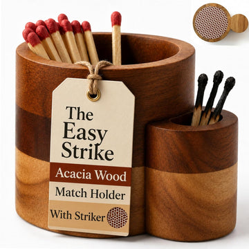 The Easy Strike Acacia Wood Match Holder with Striker - 3.25" x 2" (1Pc)