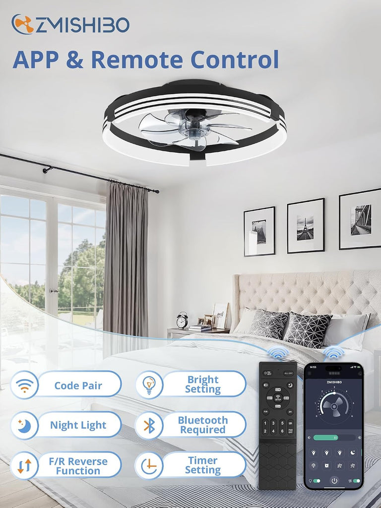 Low Profile Ceiling Fans with Lights and Remote, 20 Inch Flush Mount Ceiling Fan with Light