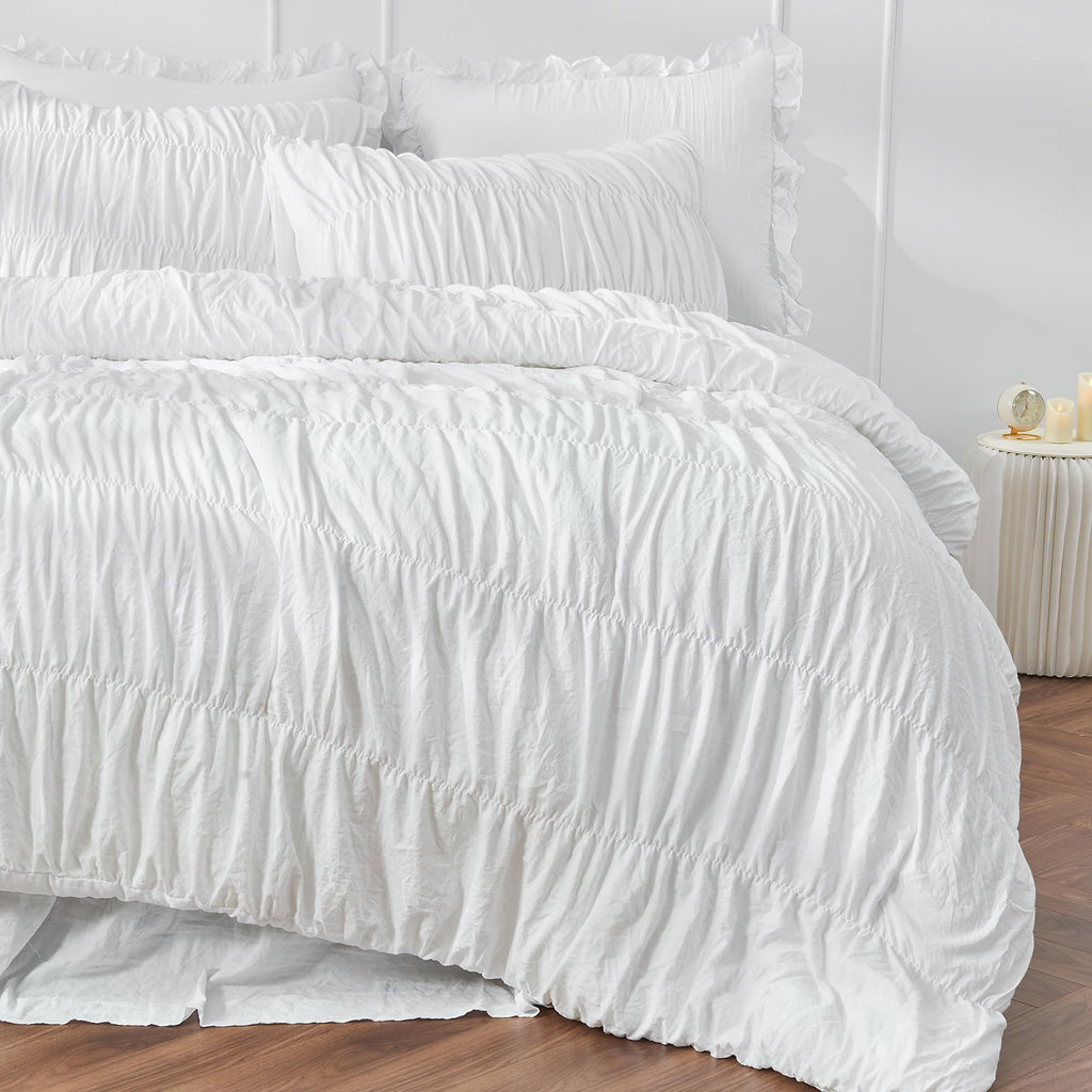 King Size Comforter Set - Ruched White Comforter King Bed Set Boho Bedding - Fluffy 3 Piece Ruffle Comforter Set with