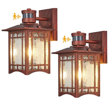 2 Pack Red Rustic Outdoor Wall Porch Lights - Motion Sensor, Dusk to Dawn, Waterproof, Anti-rust, Tempered Glass