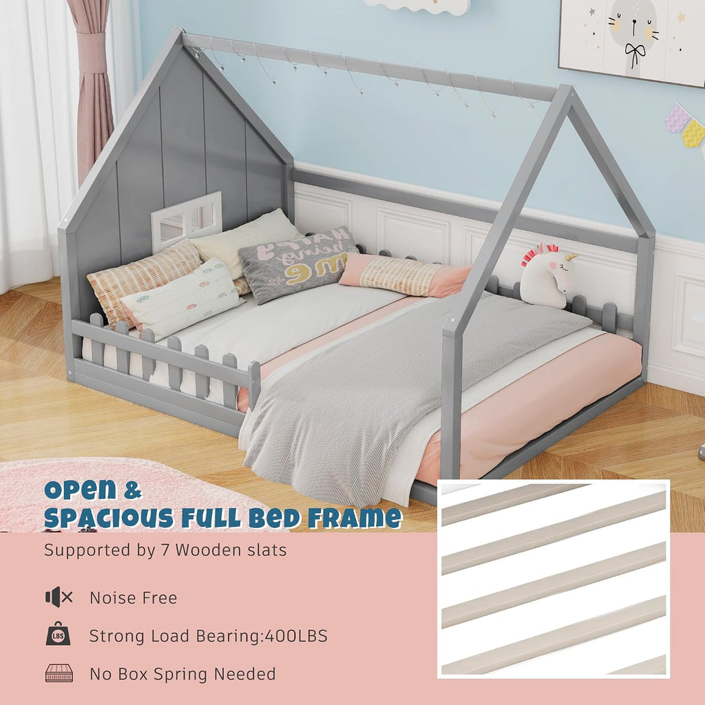 House Bed for Kids, Wood Montessori Floor Bed with LED Light Toddler Floorbed with Fence and Window