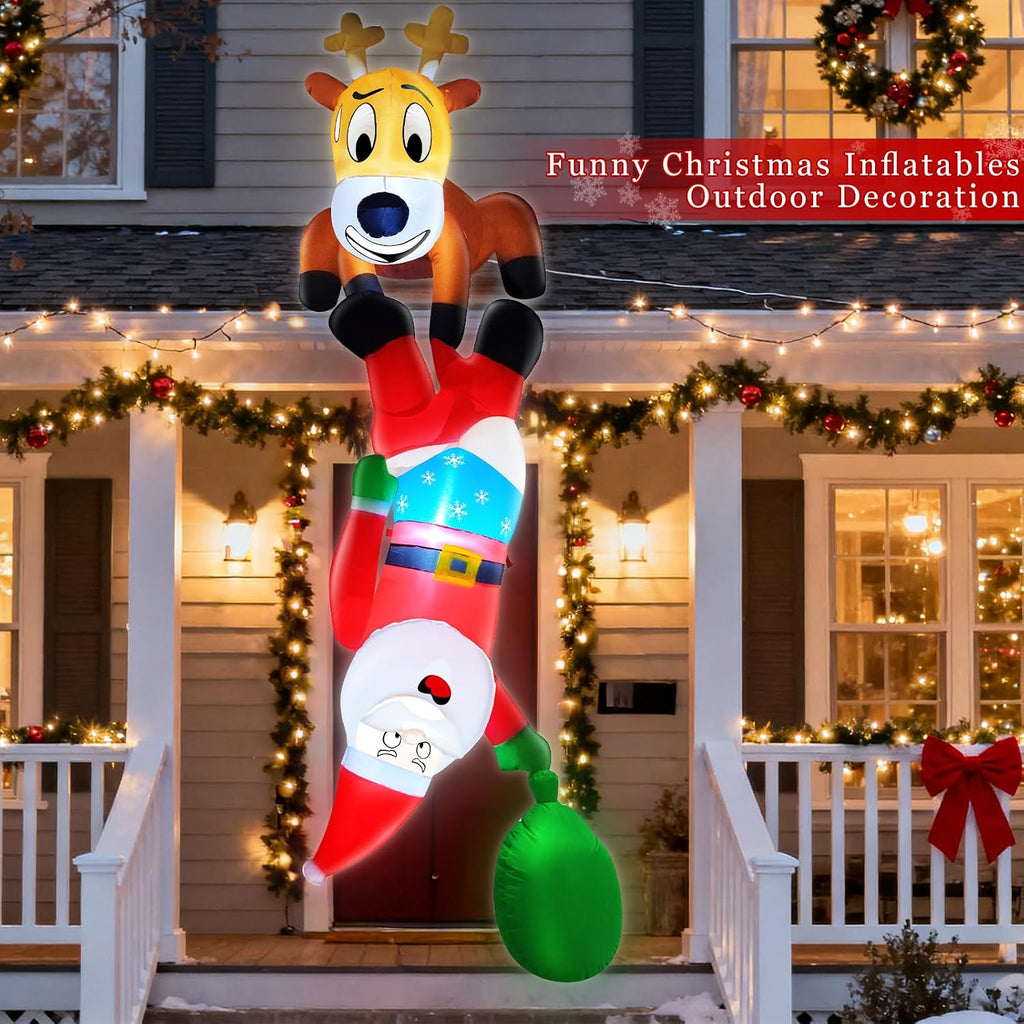 8 Ft Christmas Inflatable Reindeer & Climbing Santa Claus, Funny Hanging Outdoor Decoration with Built-in LED Light