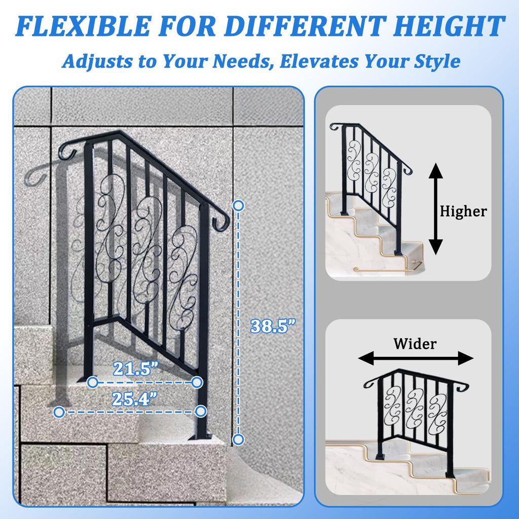 Outdoor Stair Railing Black Wrought Iron Handrail for 2 to 3 Steps