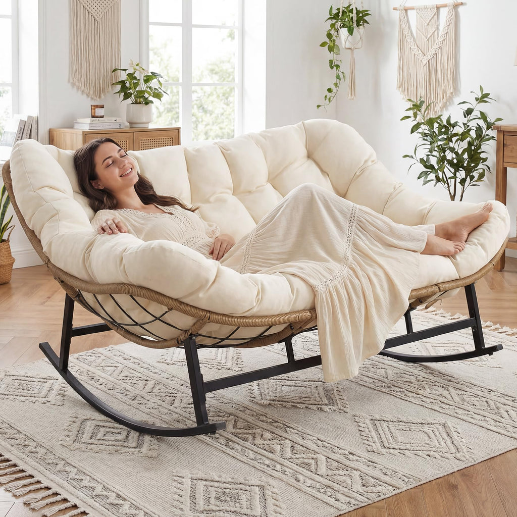 Oversized Double Rocking Papasan Chair with Thick Cushion, 2 Person Big Wicker Outdoor Comfy Recliner, Extra Large