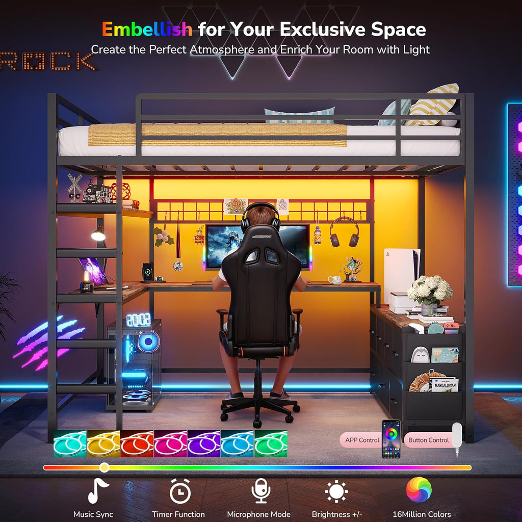 Full Loft Bed with U-Shaped Desk, 7-Drawer Storage and 2-Tier Shelves, Built-in Charging Station and RGB LED Lights