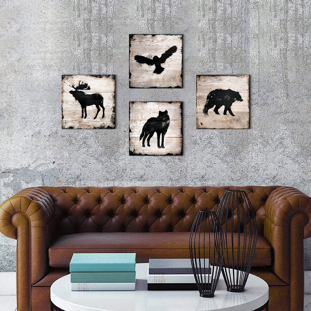 Animals Wall Decor Cabin Wildlife Silhouette Wall Art Woodland Bear Pictures Farmhouse Moose Wolf Eagle Deer Canvas