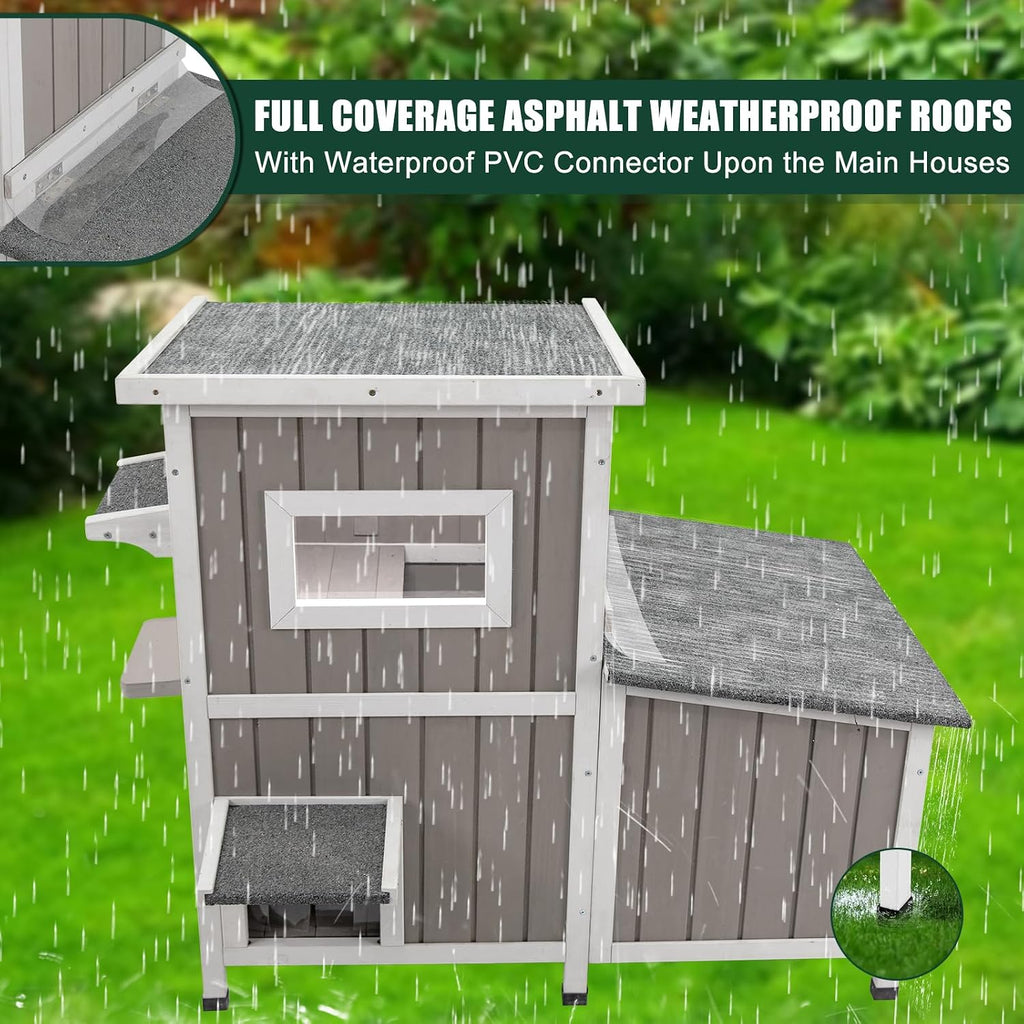 Cat House Outdoor Cat Shelter for 2-3 Feral Cats Two Story Wooden Cat Houses for Outside Cats Weatherproof in 3