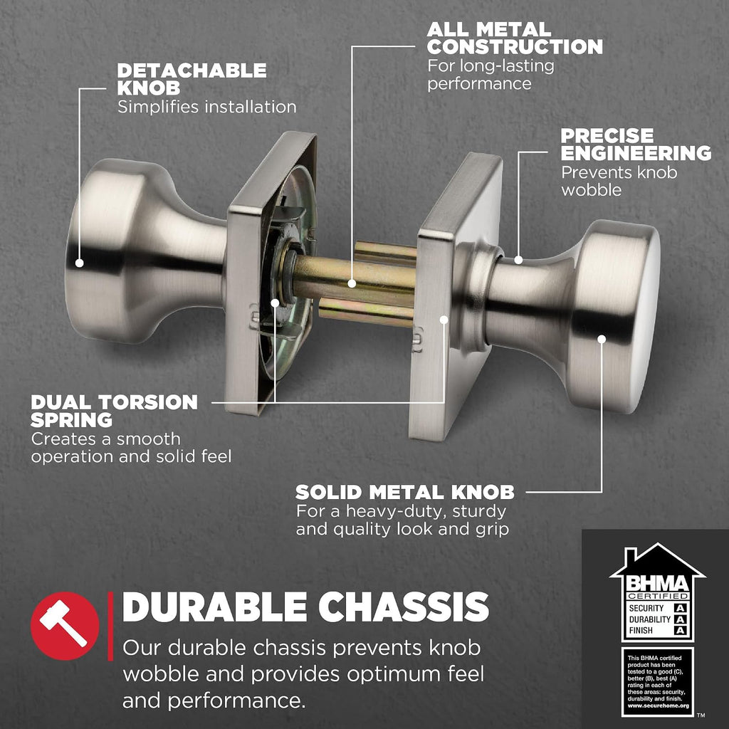 Pismo Interior Passage Door Knob, Handle For Closet and Hallway Doors, Non-Locking Doorknob in Satin Nickel, with