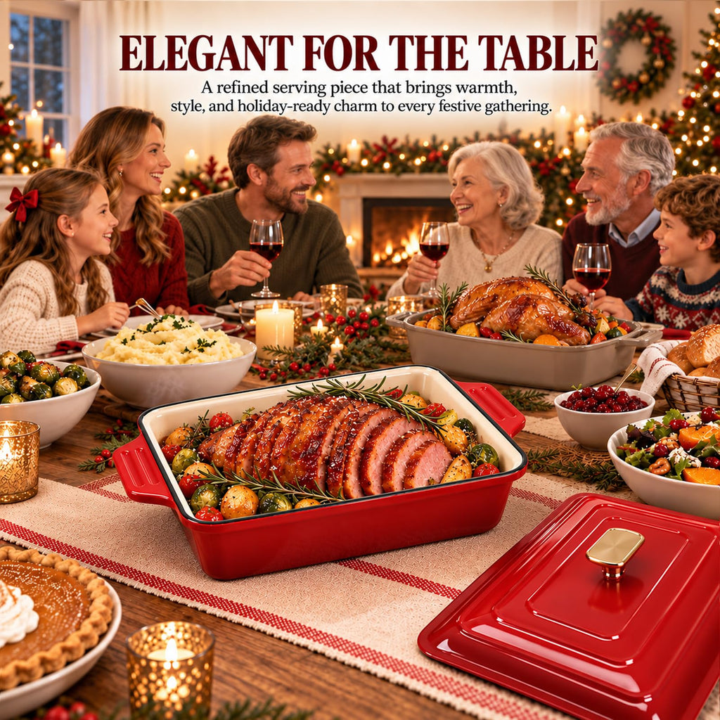 4 QT Enameled Cast Iron Casserole Dish with Lid, Rectangular Lasagna Pan