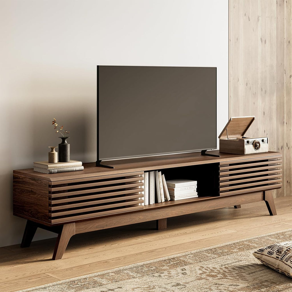 70.8" TV Stand for 55"/65"/75" TVs, Mid-Century Modern Fluted Entertainment Center with Sliding Doors, Storage