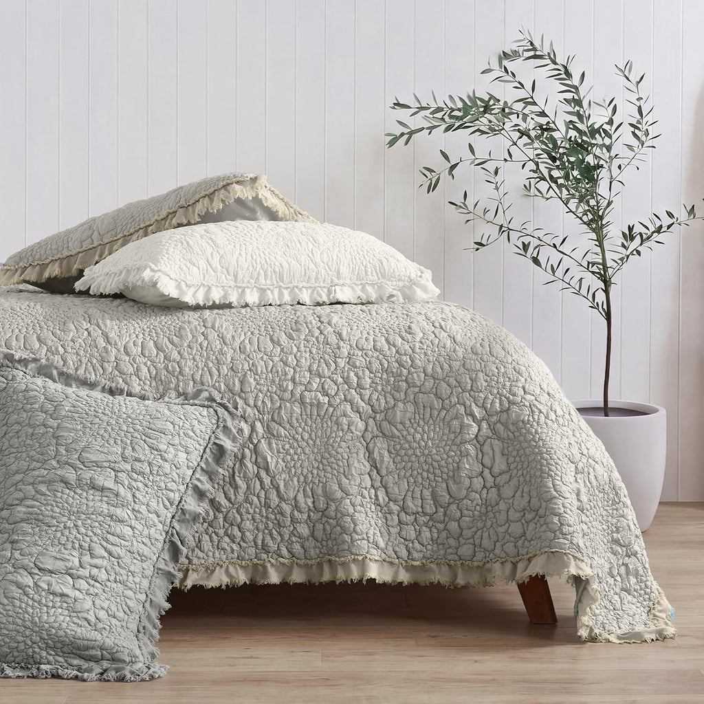 Beige Ruffled Quilt Queen, Stone-Washed Microfiber Lightweight Crinkled Farmhouse Rustic Shabby Chic Bedding Set, 3