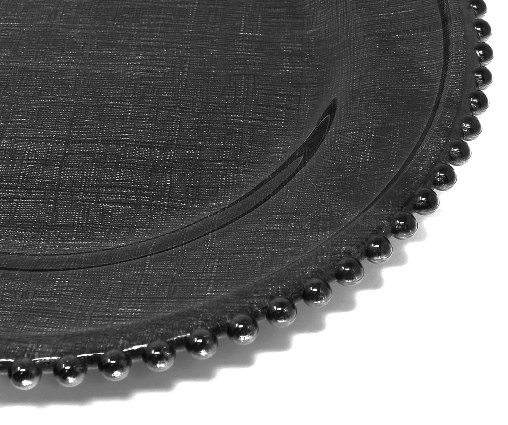 Cross-stitch Pattern Glass Charger 12.6 Inch Dinner Plate With Beaded Rim - Set of 4 - Black