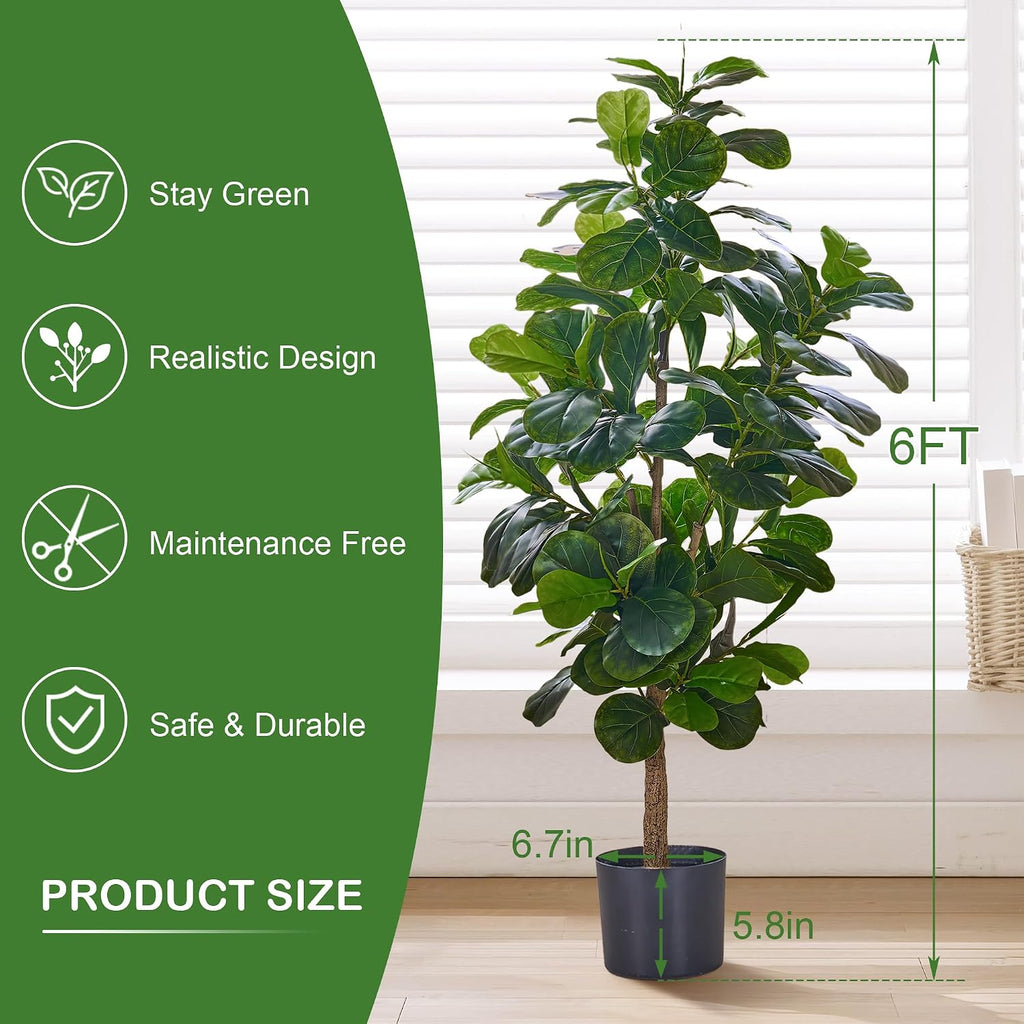 Artificial Fiddle Leaf Fig Tree 6FT(71in), Tall Fake Floor Plants with 150 Large Realistic Leaves in Plastic Pot