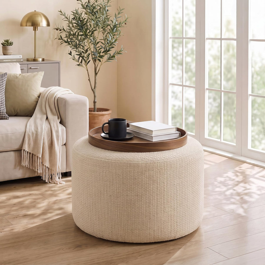Boho Round Pouf Ottoman Set of 2, Upholstered Ottomans, Beige