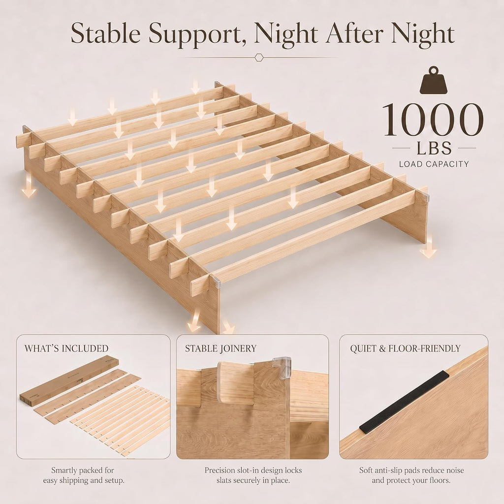 King Size Wood Platform Bed Frame, Japanese Tool-Free Joinery