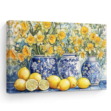 Lemon Wall Art Kitchen Pictures Yellow Lemon and Blue Pottery on Table Painting Vintage Citrus Fruit Canvas Print