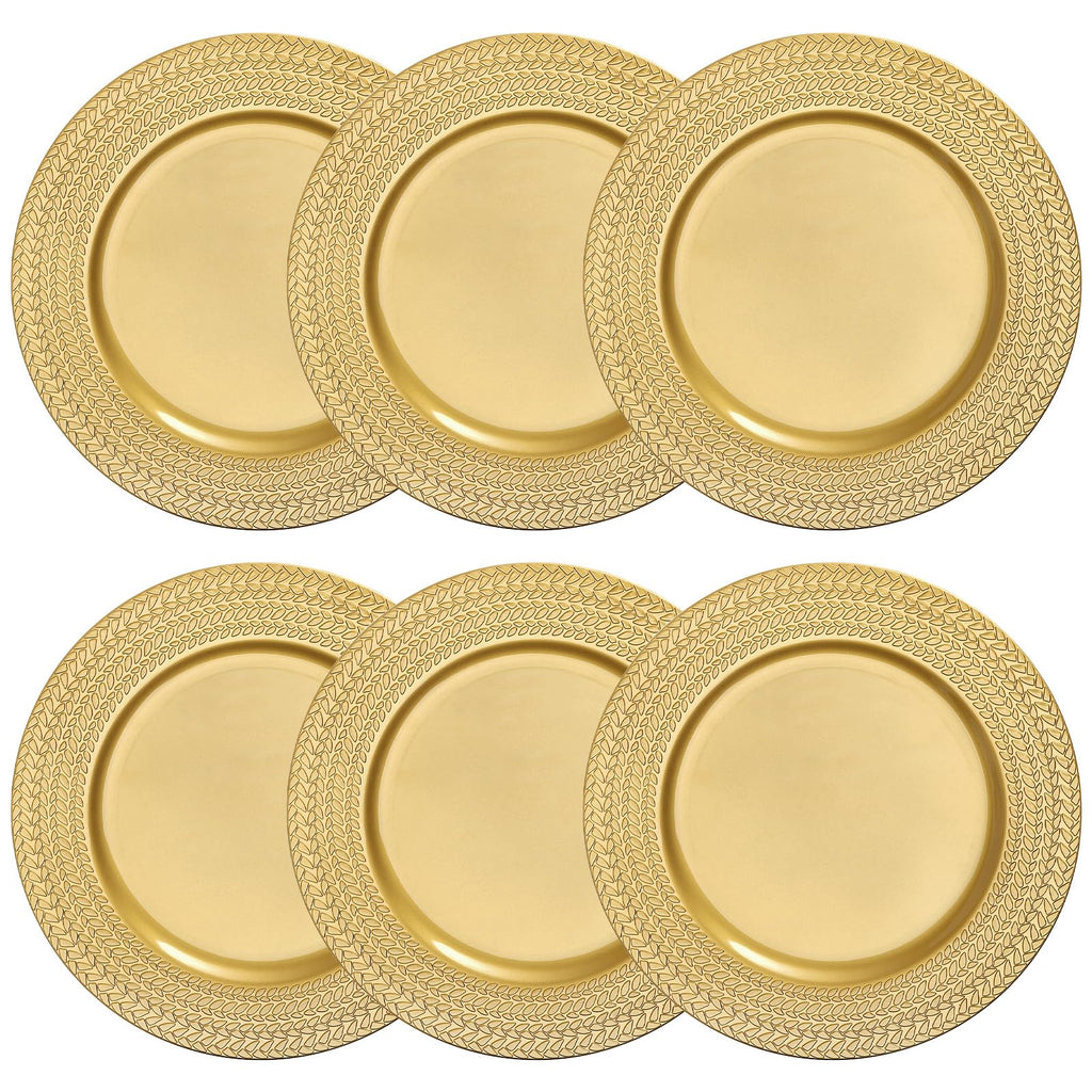 12 Pack Plastic Gold Charger Dinner Plates 13 Inch Antique Leaf Trim