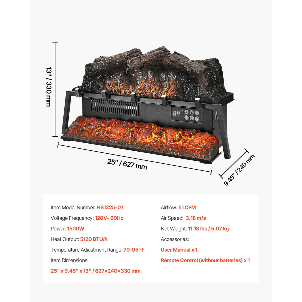 Electric Fireplace Log, 25 inch Fireplace Insert Log Heater, with Crackling Sound, Remote Controller, 5 Adjustable