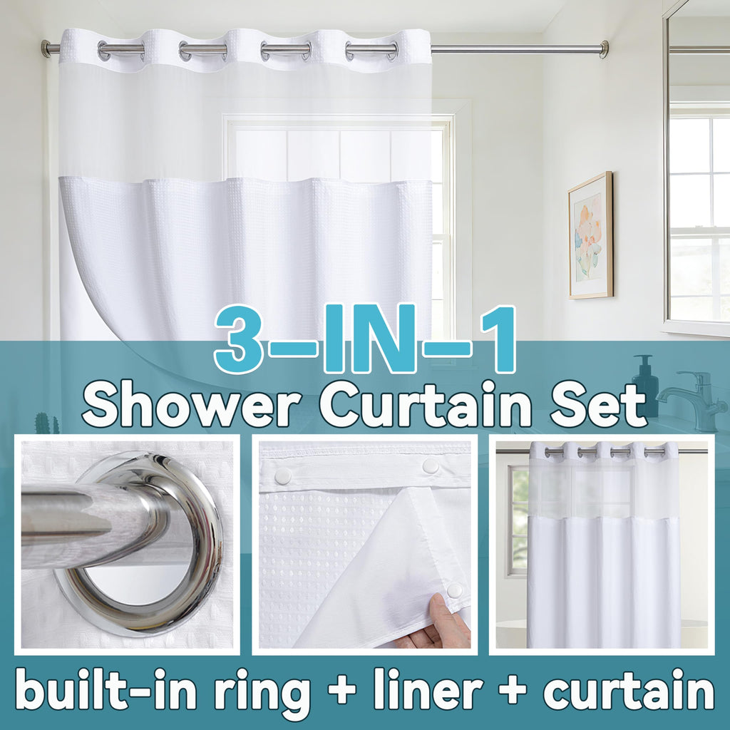 Extra Long No Hook Waffle Weave Shower Curtain with Snap in Liner Set, Hotel Luxury White Shower Curtains with See