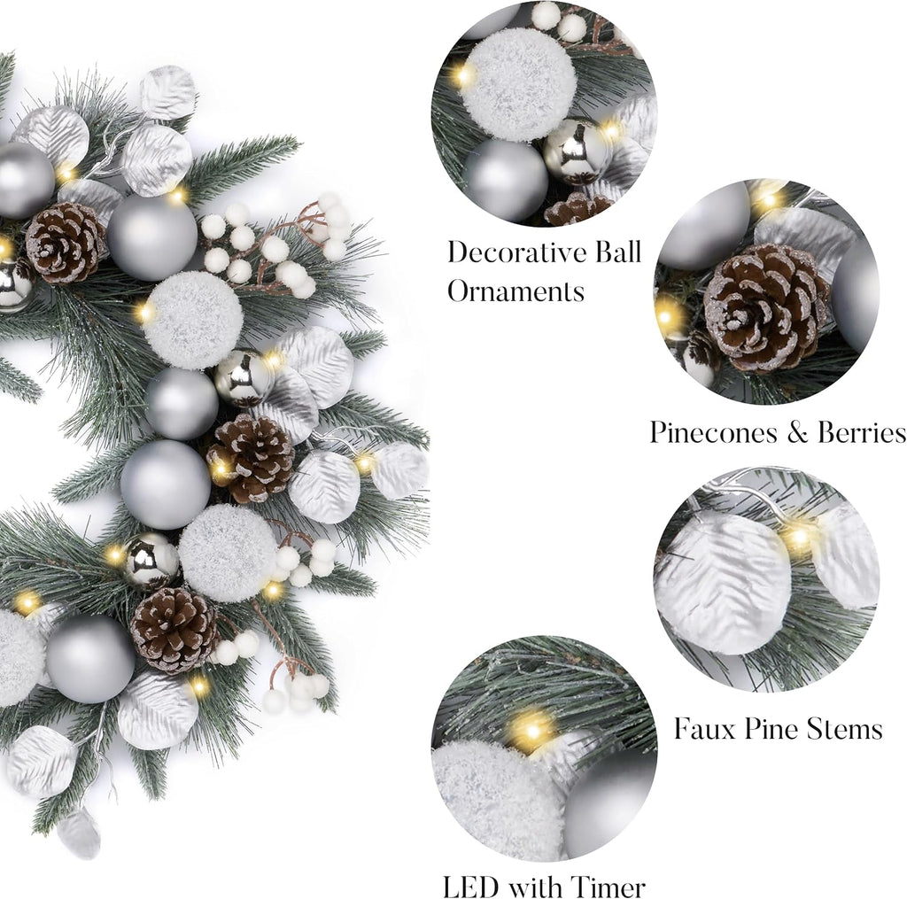 20'' Pre-Lit Christmas Wreath for Front Door with Lights, Lighted Christmas Door Wreath with Silvery White Xmas Ball