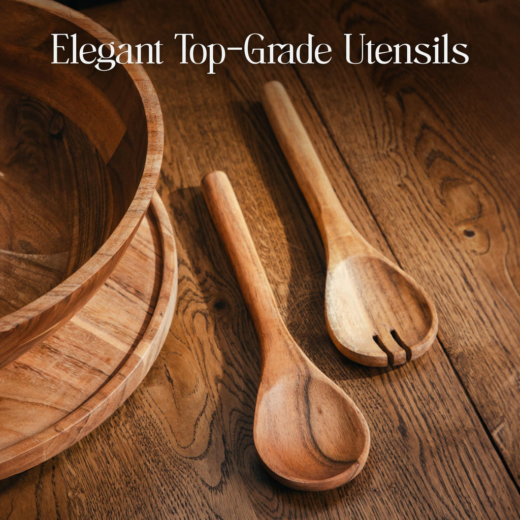 Large Wooden Salad Bowl Set 12.5 Inch with Serving Utensils, Tray Lid and Carry Strap. Acacia Wood Large Salad Bowls