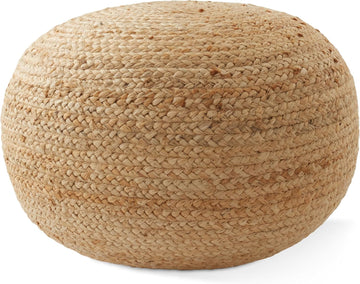 Hand-Braided Jute Pouf Ottoman Footrest, 19" W x 19" D x 10-1/2" H - Round, Natural Woven Boho Floor Cushion, Home