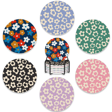 Drink Coasters Set of 6 with Holder, Vintage Flowers, Floral Pink Blue Green Purple Absorbent Ceramic Coasters with