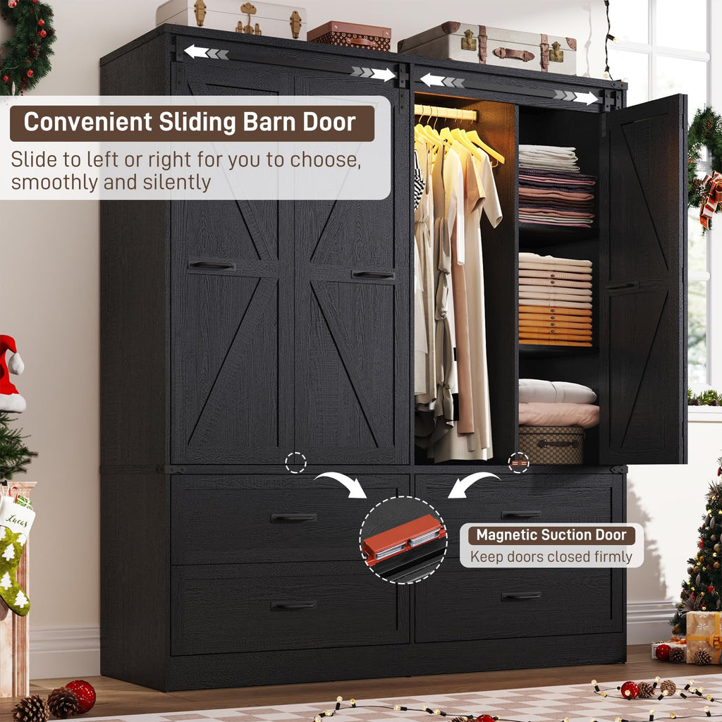 Farmhouse 4 Doors Armoire Wardrobe Closet w/Folding Sliding Barn Door and Lights, LED Armoire Closet w/Drawers