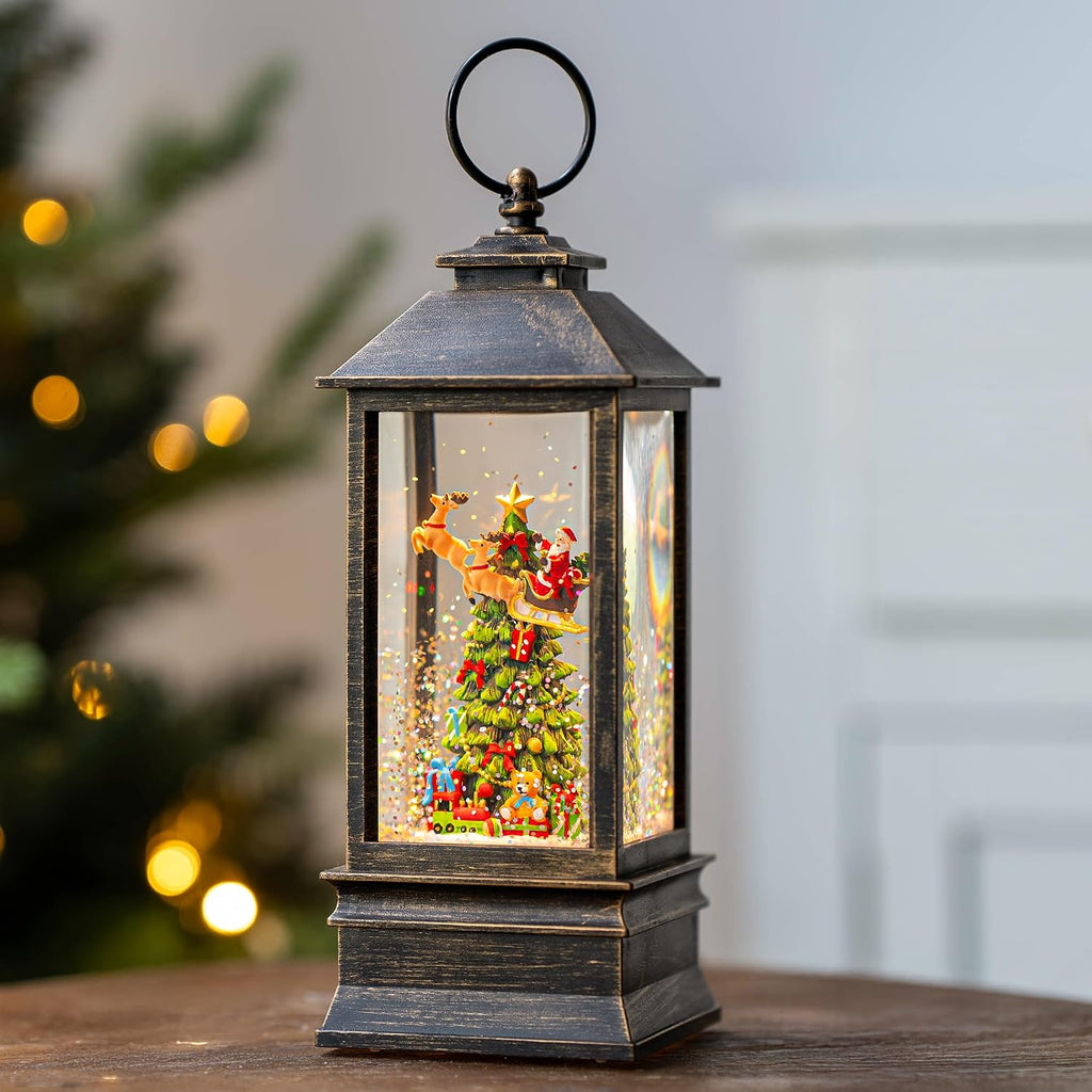 10.4" Christmas Snow Globe Flying Santa Around The Tree Water Lantern, Battery Operated or USB Powered Musical