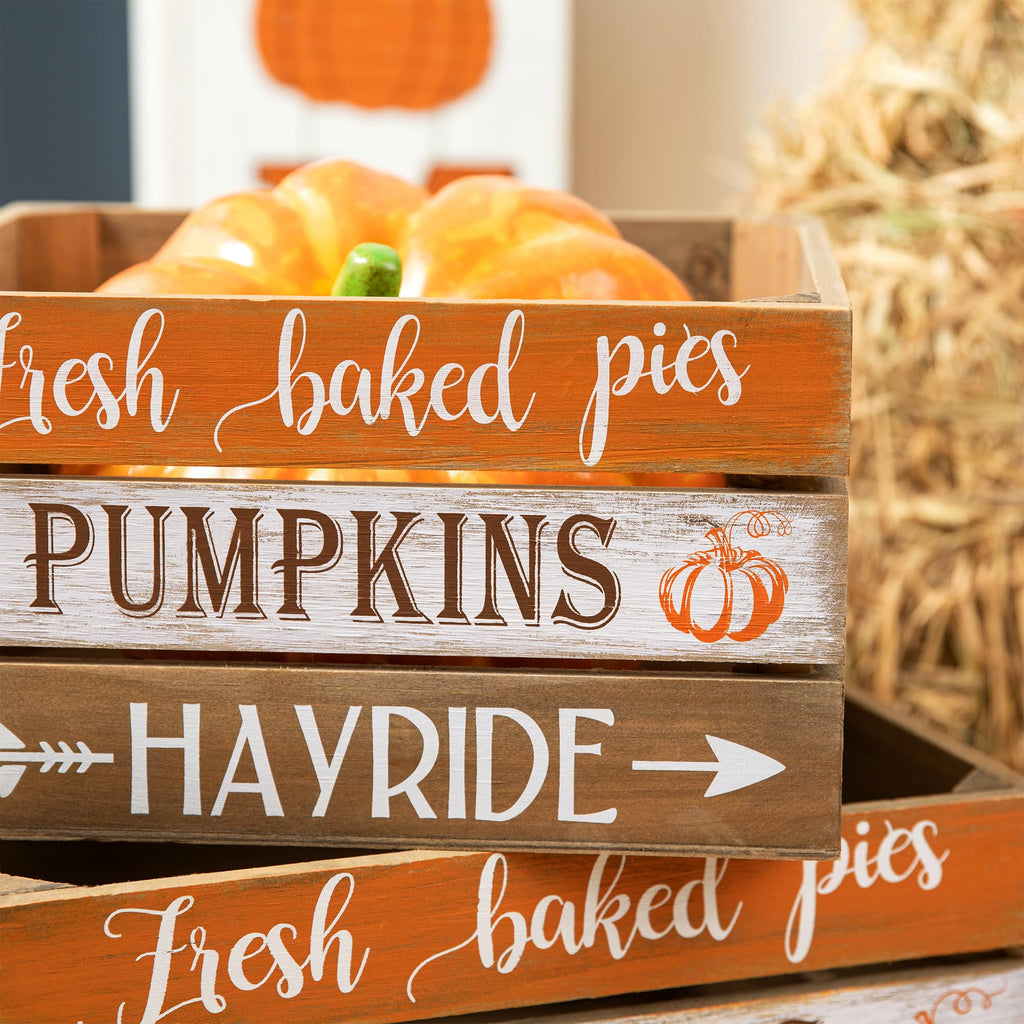 Fall Harvest Wood Crate, Rustic Nesting Wooden Crates Set of 2, Farmhouse Fall Decorative Wood Storage Gift Boxes for