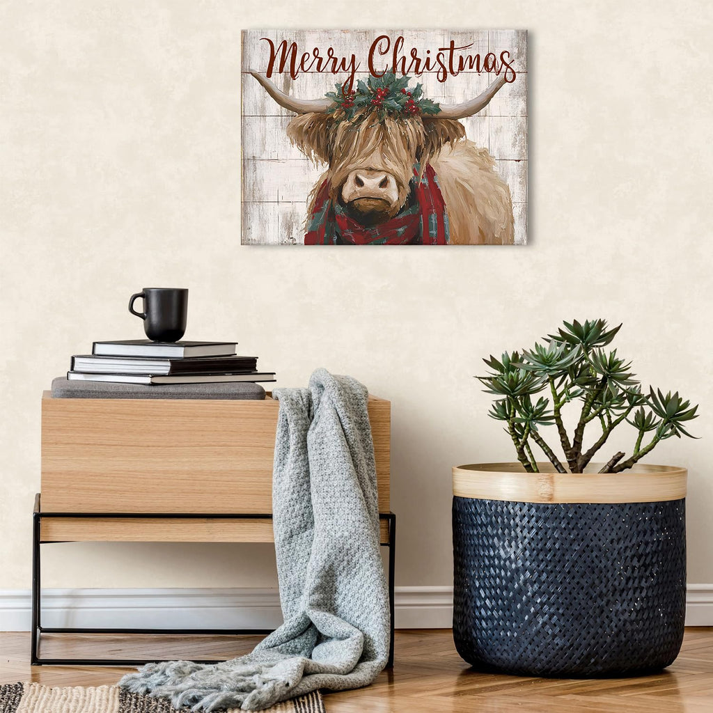 Christmas Highland Cow Wall Art Merry Christmas Sign Poster Rustic Farmhouse Cow Pictures Wall Decor Rustic Wood