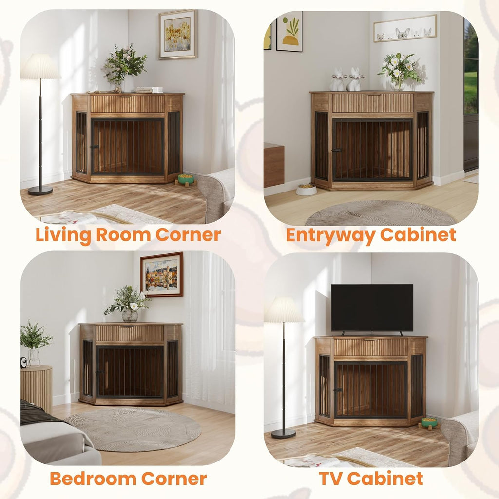 Corner Dog Crate Furniture, Wooden Dog Kennel Furniture for Small Medium Dog, Indoor Dog Cage with Fluted Drawer