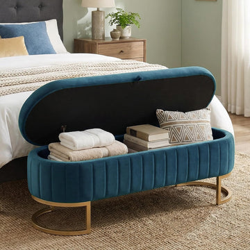 51" Velvet Storage Ottoman Bench End of Bed Entryway Dark Blue | Velvet Large Storage Solid Wood with Metal Leg 300