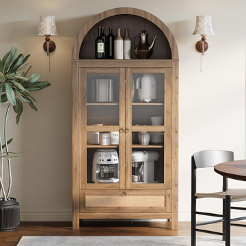 71" Tall Arched Kitchen Pantry Cabinet, Hutch Storage, Natural