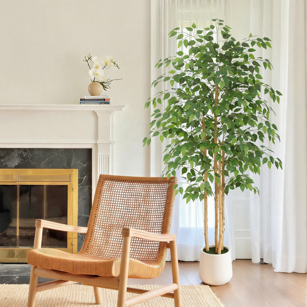 6ft Artificial Ficus Tree with White Decorative Planter & Multiple Real Wood Trunks, 72in Fake Ficus Tree with