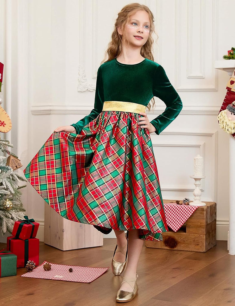 Christmas Dress Velvet Long Sleeve Holiday Dress Winter Party Classic Plaid Midi Princess Dress