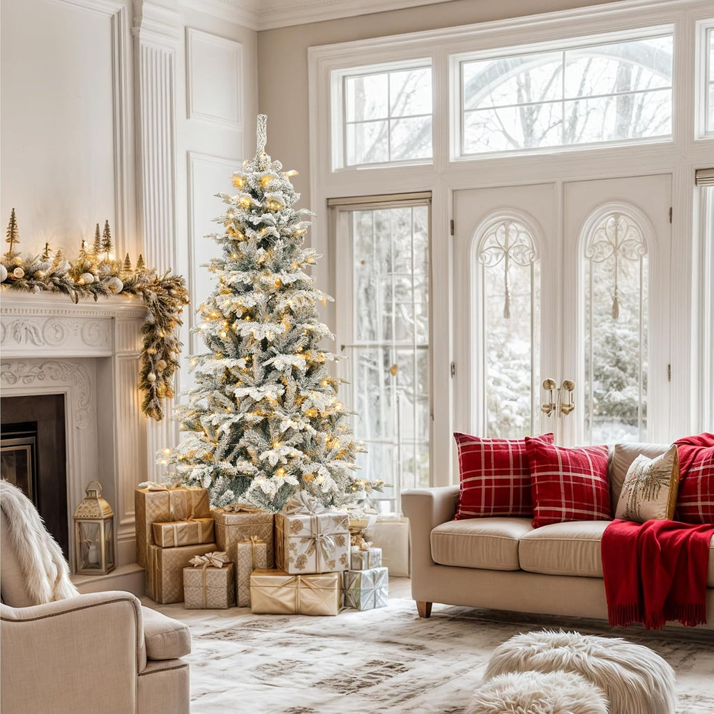 Prelit Natural Layered Flocked Christmas Tree with Remote