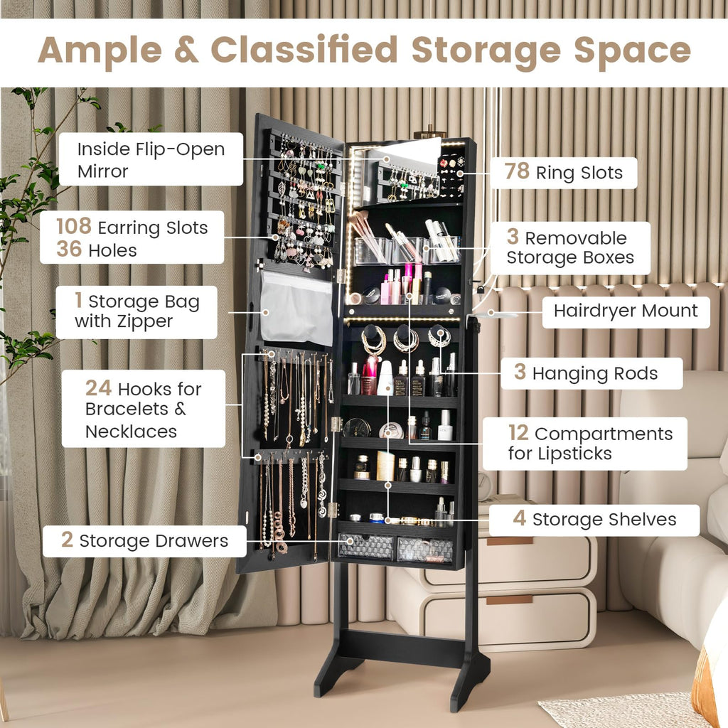 Jewelry Cabinet Armoire with Full Length Mirror, Flip-open Vanity Mirror, 3 Color LED Lights, Hair Dryer Holder