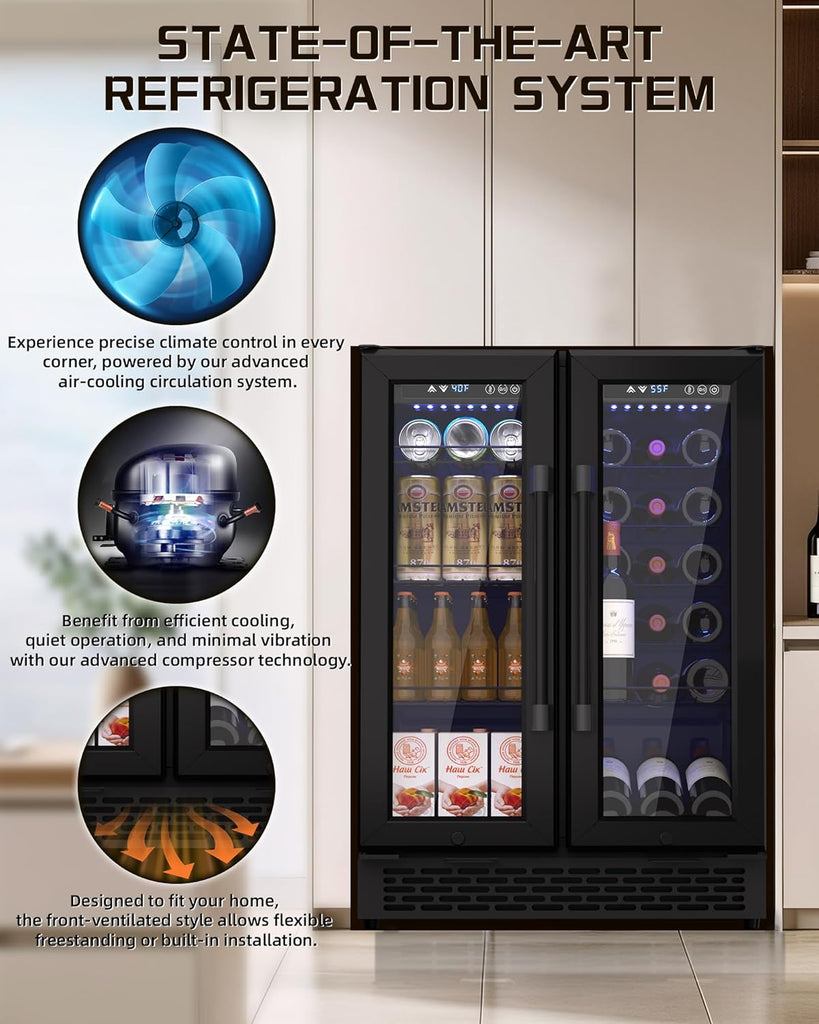 French Door Beverage Refrigerator, 24 Inch Dual Zone Built-in Fridge with Glass 