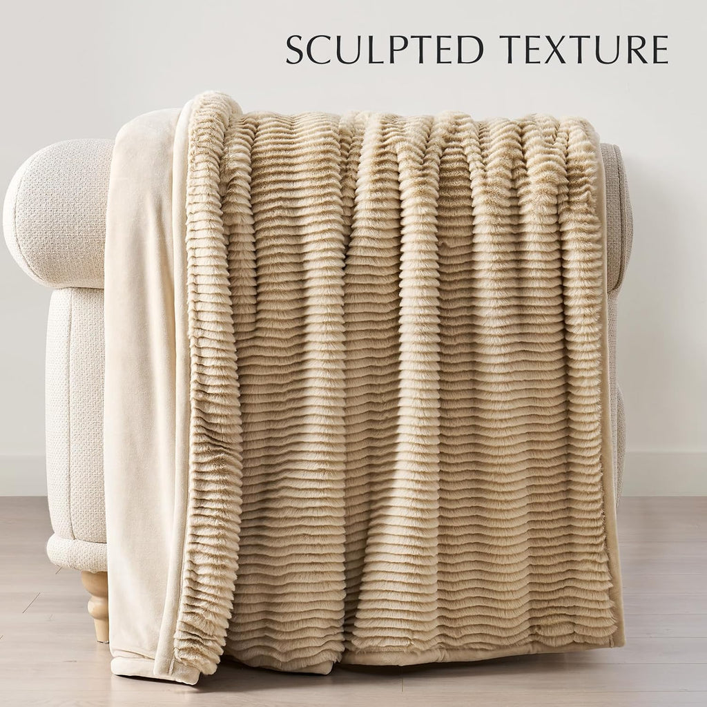 Faux Rabbit Fur Throw Blanket, 60''x80'', Beige | Ultra Soft, Luxury Sculpted Texture Faux Fur Blanket, Fluffy Thick
