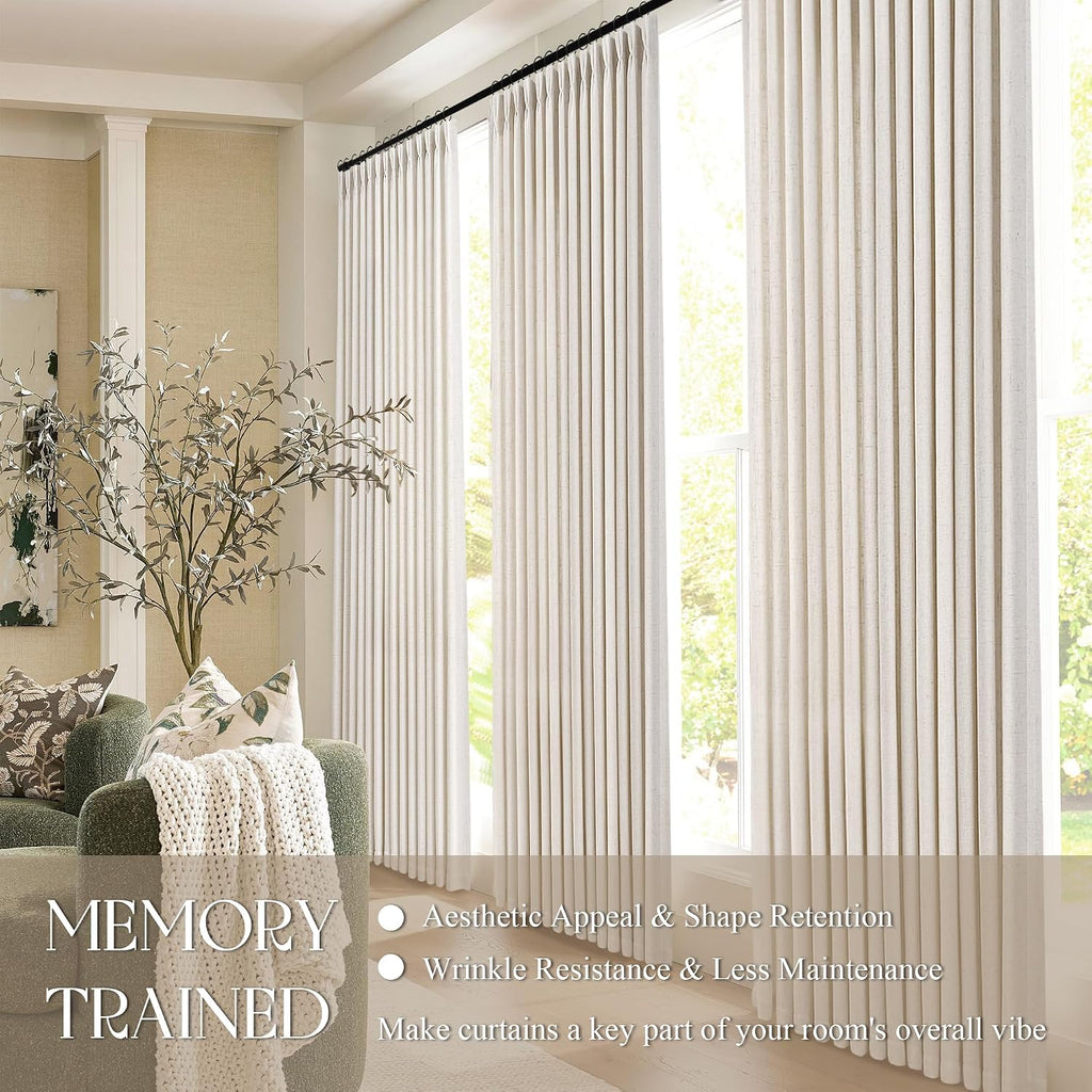 Natural Pleated Thick Linen Curtains 84 Inch Long for Living Room | Ivory Light Filtering Sheer Curtain,Back Tab