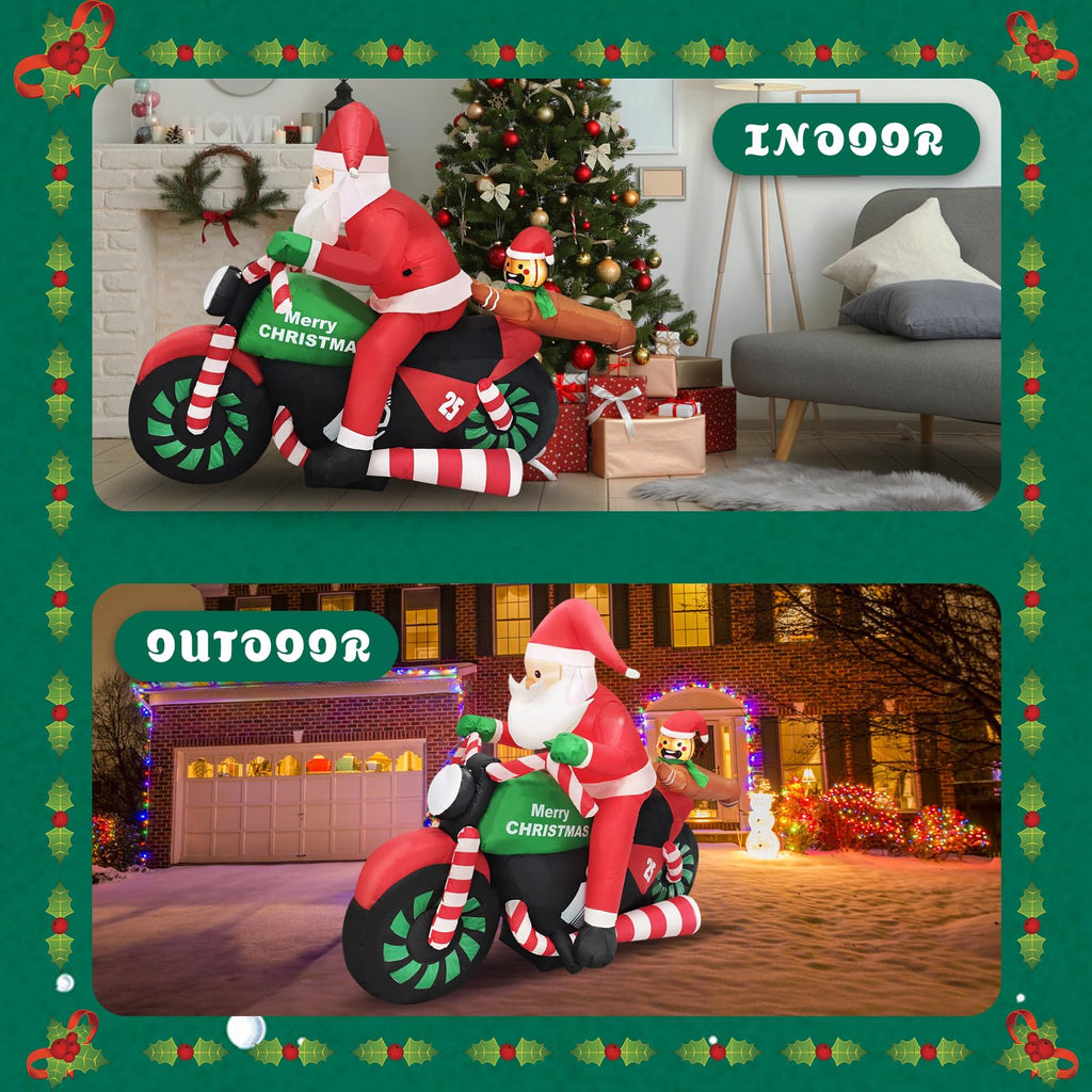 6FT Christmas Inflatable Santa Riding Motorcycle with Gingerbread Man Lighted Blow Up Outdoor Decoration for Holiday