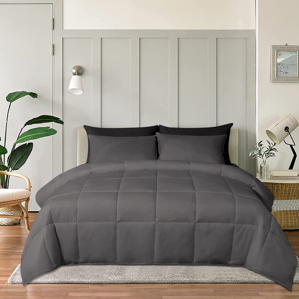 Full/Queen Size 1000 Thread Count | 550 GSM Fiber Fill | Solid Dark Grey Down Alternative 3 Piece Box Design