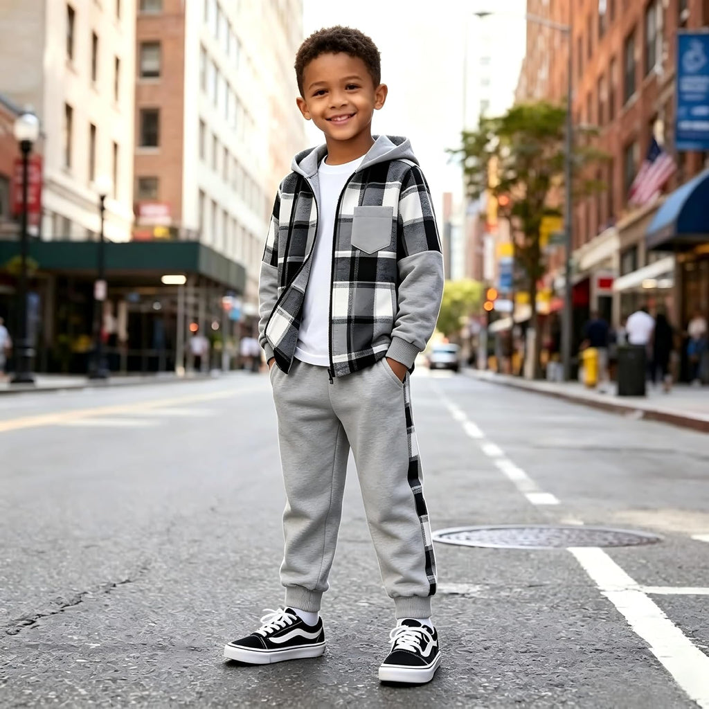 Boys 2‐Piece Sweatsuit Set, Zip‐Up Plaid Patchwork Hoodie Sweatshirt & Pants, Kids Fall Winter Outfits for 7‐