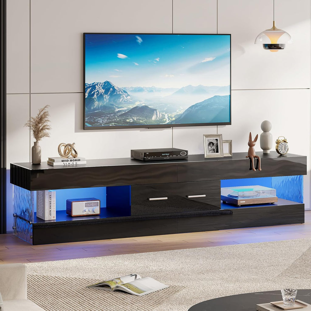 67" Modern TV Stand for TVs 55 to 75 Inch, High Gloss LED Entertainment Center with Stone-Patterned Doors, TV Console